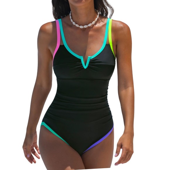 Popvil Other - Popvil Womens One Piece Swimsuit Tummy‎ Control Retro Neon Black Small